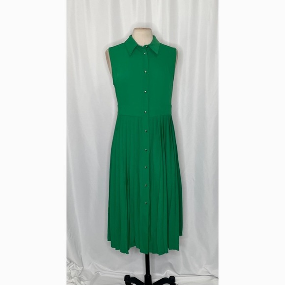 NWT!! KAREN MILLEN Soft Tailored Pleated Sleeveless Shirt Dress Solid Green US 8 - Picture 3 of 16